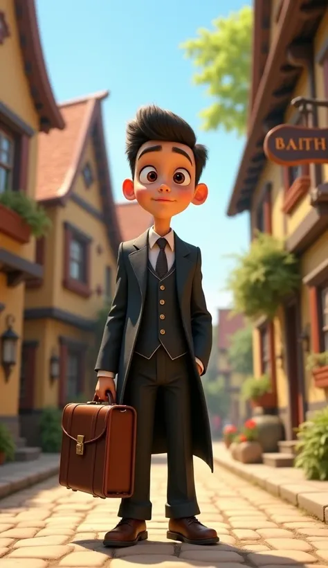 A boy has come to a village wearing a coat, look like a businessman.  pixar style 