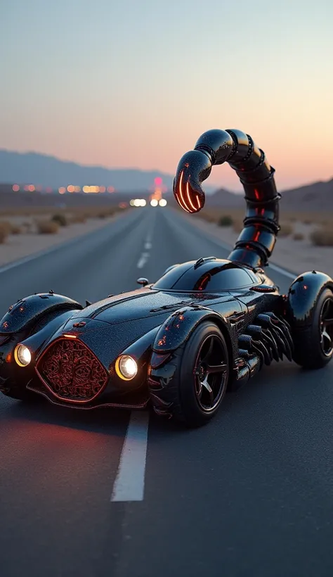 A futuristic hybrid creation combining the sleek, elegant design of a luxury car with the menacing, armored form of a scorpion. The scorpion’s body transitions seamlessly into the car’s aerodynamic chassis, with its shiny exoskeleton blending into the meta...