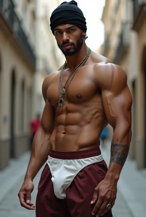 Crée moi une image d’un homme blanc avec un durag noir, un débardeur blanc et un short large marron et des muscles au bras et au épaule 