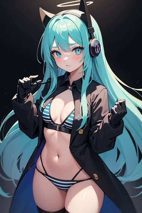 1girl, solo, long hair, looking at viewer, blush, long sleeves, navel, cleavage, cowboy shot, black gloves, black thighhighs, stomach, striped clothes, water, aqua eyes, hands up, aqua hair, skindentation, headphones, mouth hold, blue bikini, black coat, s...