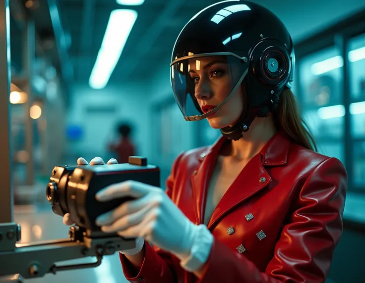 Image of a model, with her face hidden, leaving only her mouth exposed, helmet with dark visor, white gloves, wearing a red dress with small diamonds engraved with her face covered by radiation equipment using equipment to deal with radiation or something ...