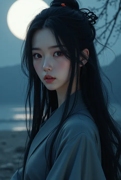 The cutest woman AI thinks，solo，samurai，Moonlit Night， black hair， long straight hair，