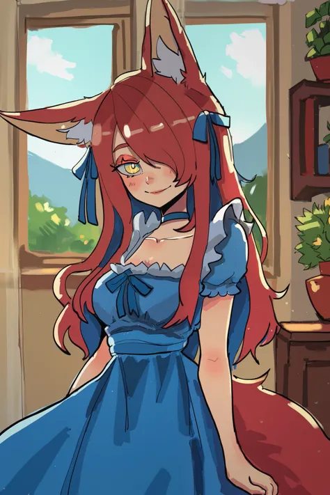 score_9, score_8_up, score_7_up, score_6_up, bsdbn, red hair, housewife, hair over one eye, fox ears, solo, yellow eyes, 1girl, long hair, smile, looking at viewer, choker, dress, ribbon, indoors, frills, window, blush, apron, blue ribbon