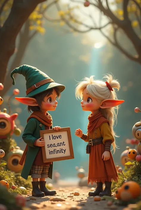  Two magic elves of the same age showing the following:
Tico sonrió al ver que Tica  se preocupaba por él. &quot;Thank you, Tica !  I would like us to work together .  But I would also like to ask you something :  could you help me wrap the biggest toys ? ...