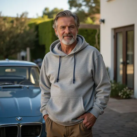 A hyper-realistic portrait of a 53-year-old man with a well-groomed three-day beard, showing signs of age with graying hair and a mature, confident demeanor. He is dressed in a stylish but casual outfit: a high-quality sports hoodie paired with tailored, r...