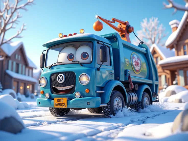 make a blue garbage truck with crane with bauble on it, this garbage truck stay on the snow