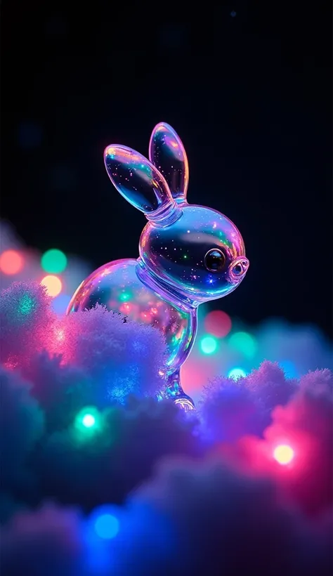  neon-colored glass rabbit 、Made by AIS-RCN, 8K Photo, "words,      cute rabbit  ,    soaring from a beautiful night sky    ,       繊細な artworkと霧のかかった草が花を引き立てます      .", Supple,   artwork    , Colorful clouds, galaxy, Space dust,     , Surface Distortion, ...