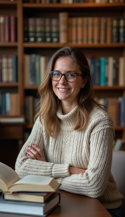 A 43-year-old woman, wearing a cozy sweater and glasses, sitting in a library surrounded by books.