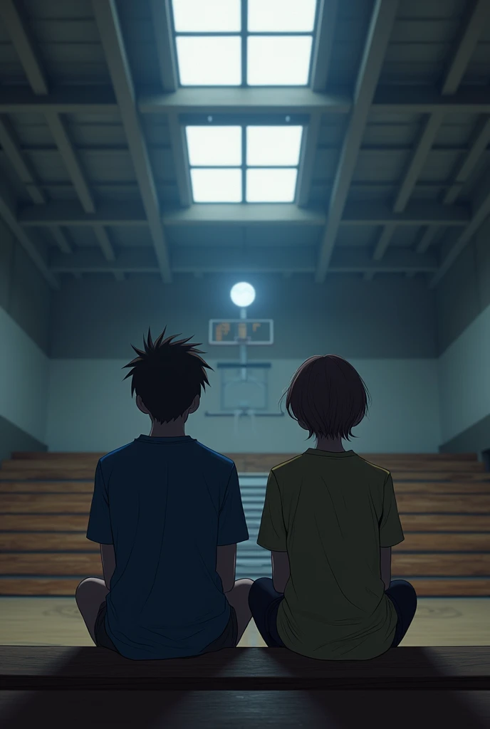 "Back view: Two teens sitting on gym bleachers, exactly 100 feet apart, moon through skylights"