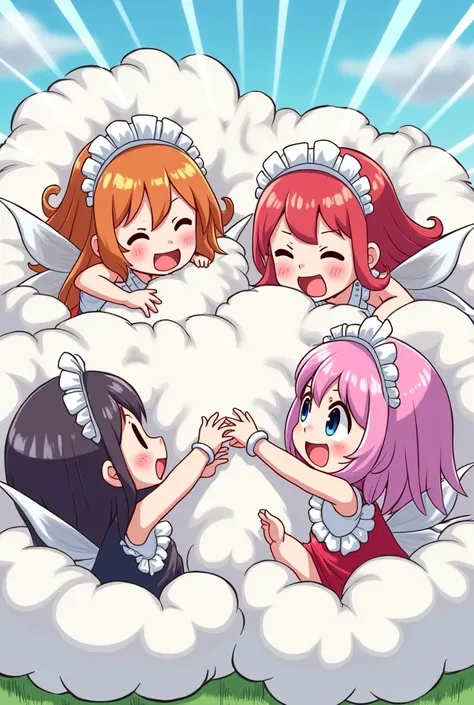 An anime-style comic depicting many fairy-maids playfully wrestling with each other inside a board comical fight cloud(fairytaile cloud).
each maid has different  colored hair.
their faces,hands,and feet are visible emerging from the cloud as they tussle h...