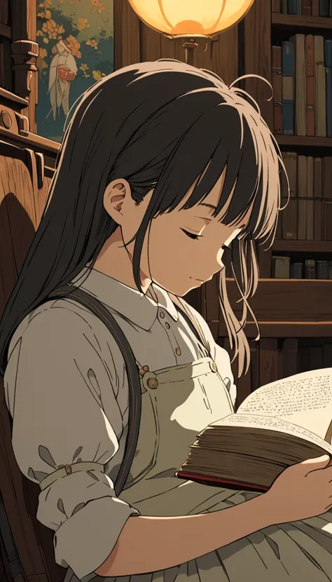 A Studio Ghibli-style animated movie,  still photos from the film,  best quality, masterpiece, Representative works,  Official Art, professional,  super intricate details , 8k, The girl fell asleep while reading a book,profile