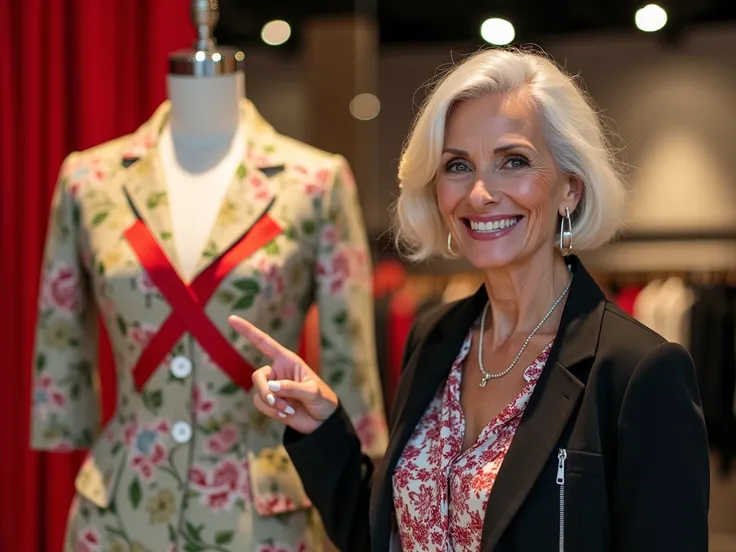 "an elegant woman of 50 years, com um look casual e moderno,  is smiling and pointing to a mannequin in the background wearing an old-fashioned outfit .  The mannequin has a large red X on the floral outfit .  Add sparks around the woman to show that shes ...