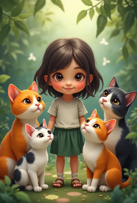 
 a girl in the middle and theres a cat around her the color of the first cat is orange,the second is white with orange, black and the third cat is Siamese cat and last cat color is white and black with Gray 