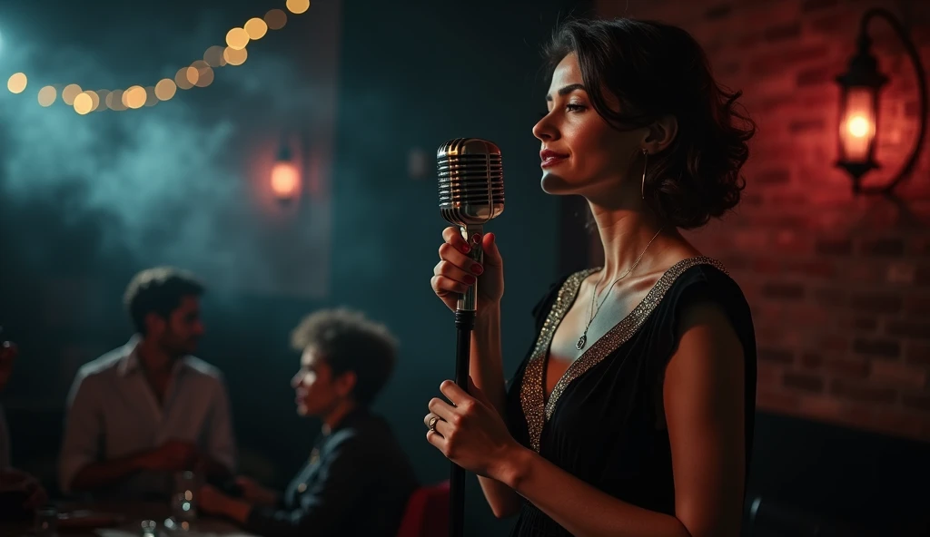 Create a stylized and impactful image for a YouTube video thumbnail. The scene should capture the essence of jazz with a female vocalist, conveying a melancholic and emotional atmosphere that reflects the dark and introspective tone of the poem Intimate Ve...