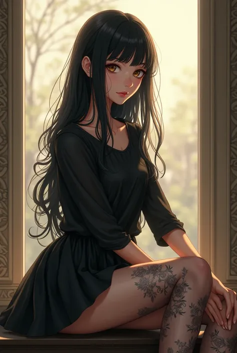 Beautiful girl with long black hair wearing a black blouse, wearing a short black bubble wrap, wearing black floral print stockings, sitting by the anime window
Brown eyes