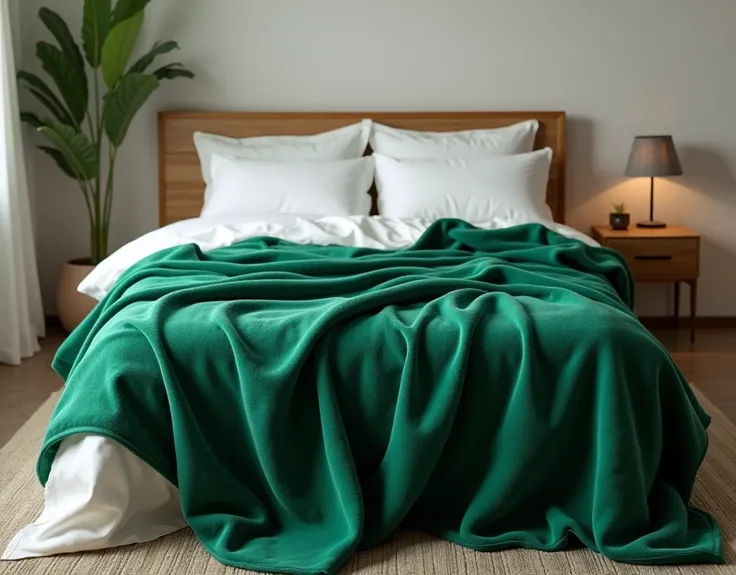 Bed with a green blanket