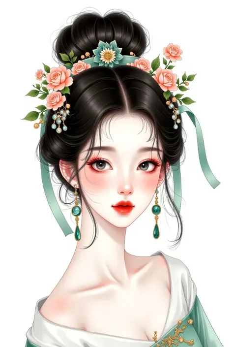  hand-painted art  ， colored pencil sketch： portrait of a beautiful girl , High bun， wears ribbons and flowers in their hair， Unique ，Fine Hair， ancient Chinese style ，stone earring，  white background，
