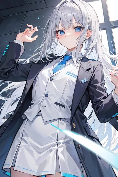 Hair color... silver hair 
　　　　Eye color： light bluish gray
　　　　 style ：Really good！
　　　　uniform：Light blue tie。Grey vest。The skirt is light gray 。The shirt is white 
