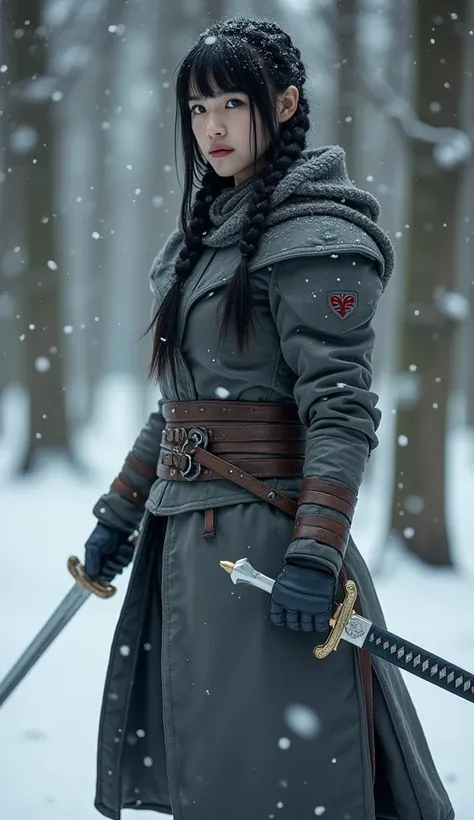   young woman ，Snowflakes are flying in the sky ， with straight black hair ， Braided ， no bangs, 有中国的 young woman , Light-skinned ,  wearing grey leather combat gear,Armed with two swords, in a snowy forest 