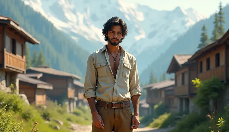 "Create a highly detailed and realistic depiction of Aarav, a young male artist, in a tranquil Himalayan village surrounded by snow-capped peaks and lush greenery. Aarav is in his late 20s, with a lean yet athletic build, standing at about 510". His skin i...