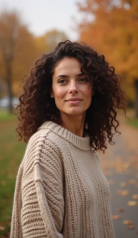 A 36-year-old woman with curly hair, dressed in a cozy sweater, looking serene while standing outside in the autumn breeze.