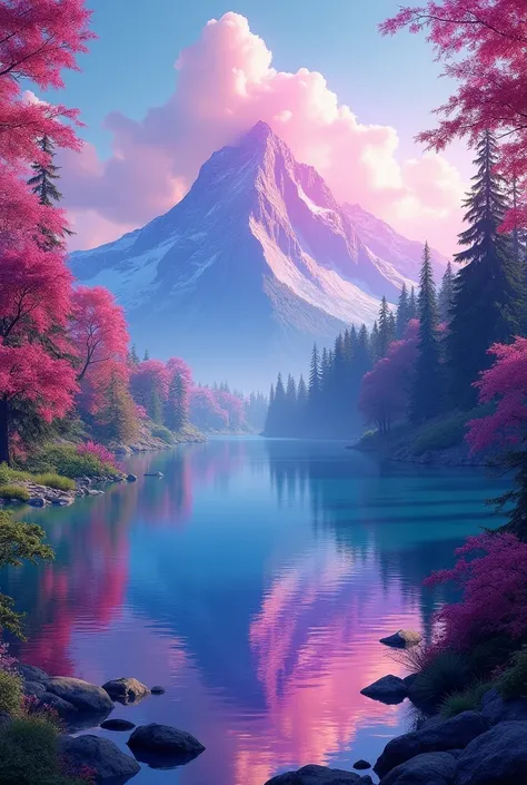 This image features a vibrant and surreal landscape. A majestic mountain dominates the background, with colorful hues of pink, purple, and blue creating an otherworldly atmosphere. The foreground showcases a calm lake that reflects the vivid colors of the ...