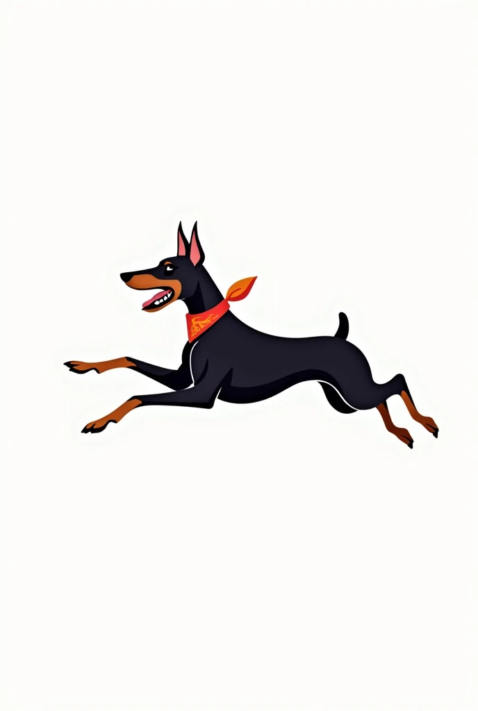 Draw a Doberman jumping sideways with a bandana, with all its paws stretched out, an elegant, sophisticated, luxurious, minimalist dog, on a plain white background. Vector style strokes, logo. Dog from the side. Front paws stretched forward and back paws s...