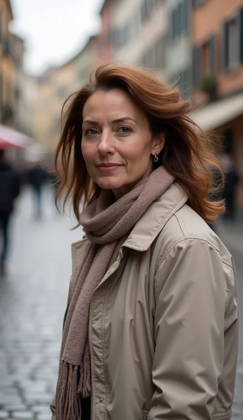 A 44-year-old woman, with soft curls, wearing a light scarf and jacket, walking along a cobblestone street.