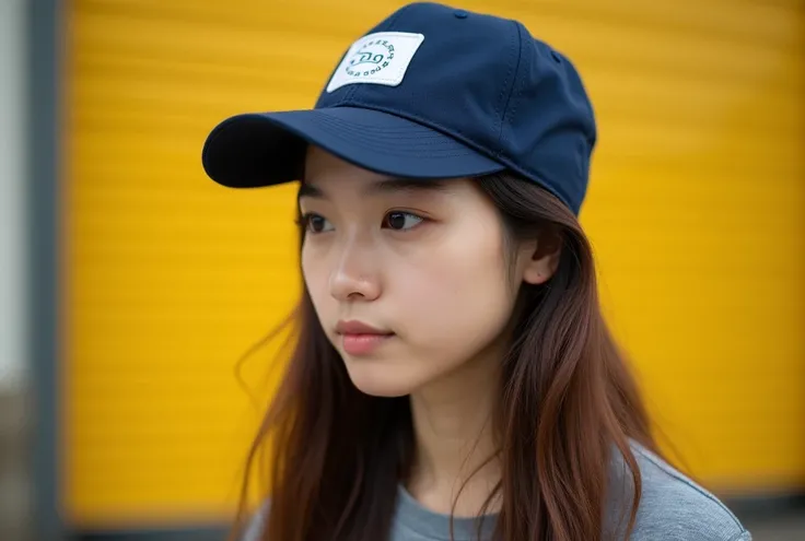 Close up Prompt : Close up of a young Asian woman standing outdoors. She has a light skin tone and long, straight brown hair that falls past her shoulders. She is wearing a navy blue baseball cap with a white logo on the front and has a neutral expression,...