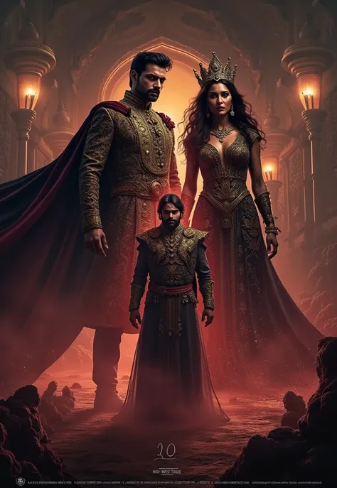 A dramatic Bollywood movie poster featuring a strikingly handsome prince and an evil, queen-like antagonist. The prince stands tall in the foreground, exuding nobility and strength, dressed in regal attire adorned with intricate gold embroidery, a flowing ...