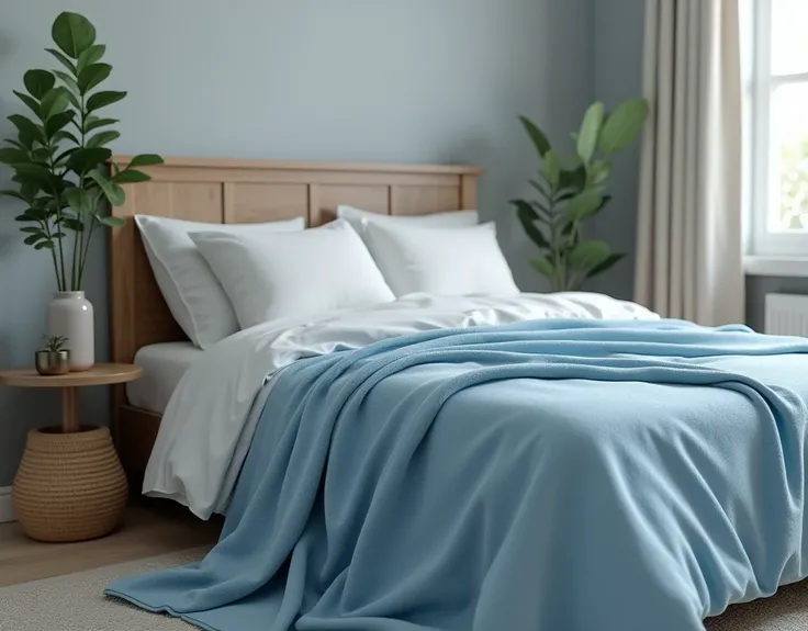 Bedding with a blue blanket