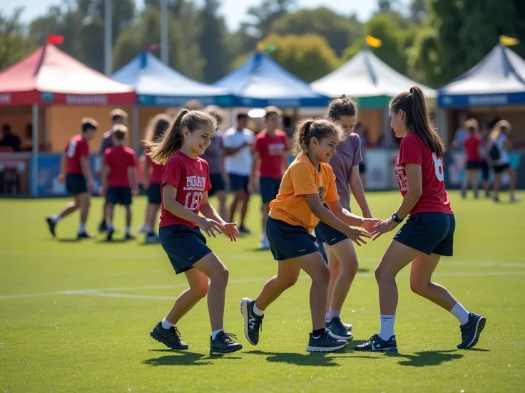  Picture a group of students playing fetch a chair during Canteen Day.  Background of the football field and there is a variety of stalls without any lettering .  Add the inscription SAC Canteen Day to the image . Keep the atmosphere Cheerful .
