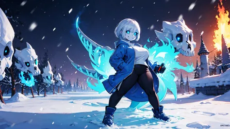 Sans Blue Jacket Black Shirt Fire Eyes Skull Smile Long Lashes White Short Hair Luminous Face Blue Dragon Skull Cannon One Person Standing In Snow Town Femininefull Super huge big breasts breast enlargement full-body shot