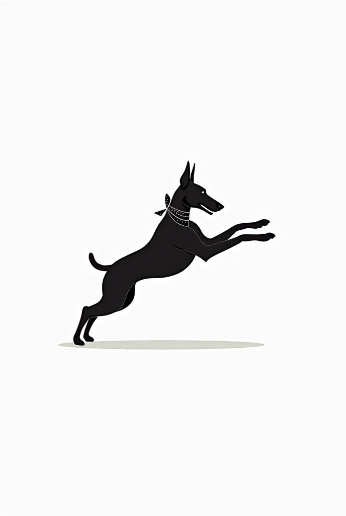 Draw a Doberman jumping sideways with a bandana, all paws stretched out, elegant, sophisticated, luxurious, minimalist dog, plain white background. stroke style, no fill, logo. dog from the side. front paws stretched forward and back paws stretched back.