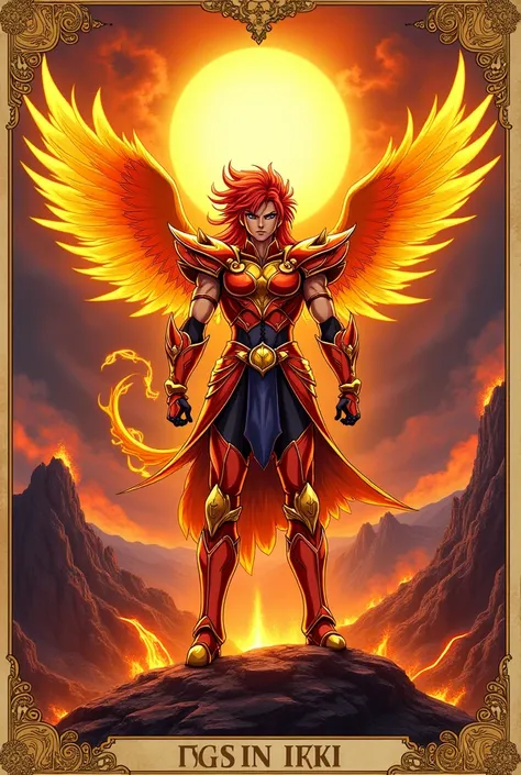 A Tarot card inspired by the Phoenix Knight, Ikki, from Saint Seiya. The card features Ikki in his fiery Phoenix armor, standing amidst flames with the spectral phoenix rising behind him. The background represents the fire element, showing erupting volcano...