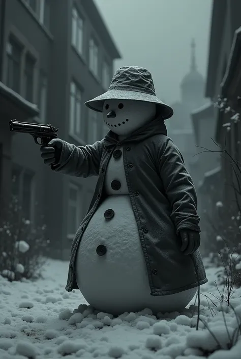 grunge,black and white, courtyards, black sky, black background, gloomy, round snowman in a raincoat and hat aiming a pistol, outstretched arm, night, gloom, depression, in the snow, close-up, 4k, high resolution, high detail