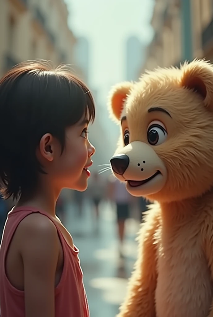  blur the background :1.5、 dress facing the girl:1.5、 little bear sitting face to face with the girl、Fluffys adorable little bear , .  fluffy creatures ,  with big eyes and slightly open mouth ,   the overall mood of the cinematic image is 、 a mix of wonde...