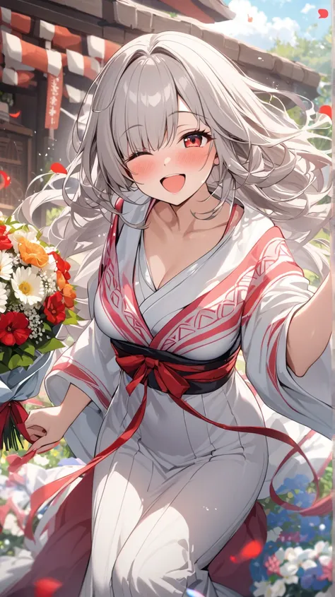 ( best quality, ),  beautiful woman (Red Eyes ), elements that play gagaku、heart、 Silver Hair,Shrine maiden， well-groomed face from a sense of distance、smile、 cute expression (目がheart、 close one eye、)、 winks、 red eyes、bouquet、綺麗なbouquet、 Petals Fluttering ...