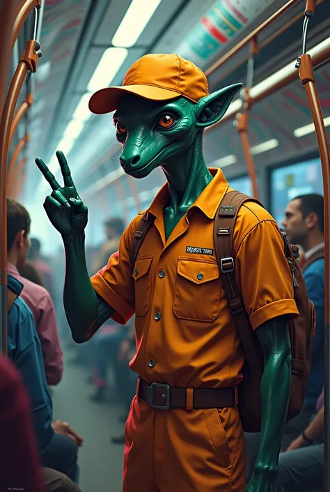 ALIEN IN DELIVERY MANS CLOTHING GETTING ON A PSYCHEDELIC BUS, LOOKING TO THE SIDE AND DOING TWO FINGERS WITH 