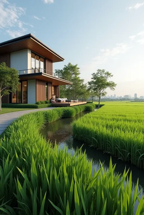 A contemporary Thai-style house near the edge of a small rice field, seamlessly blending rural charm with urban sophistication, with a paved road leading to a distant bustling cityscape.