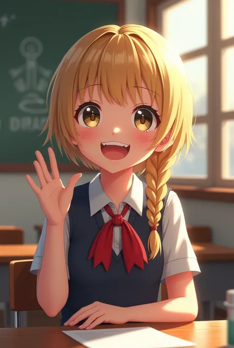   , blonde , braid , schoolgirl , sitting , classroom , laughing , lifting 1 open hand, full body , photorealistic 