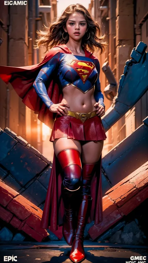 Cinematic. (((A comic style, cartoon art))). Selena Gomez as Supergirl Posing for photo (((in epic heroic pose))) , Selena Gomez wearing his iconic red and blue uniform, Showing the belly,  , ((Wearing a Red  cape)) . (((Hot Body, camel toes))). ((((Abstra...