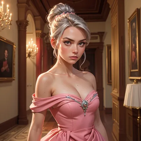 Woman, serious, elegant, pink dress, aristocratic, silver elements, long nails, bare shoulders, hairstyle, hair up, braid and ponytail, messy, arrogant, absurdes, detailed dress, royalty, celebration, hall decorated with flowers, cowboy shot, portrait, (be...