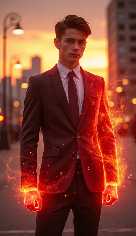 「都市の夕暮れの背景で、 a young man in a suit is standing against the background of dusk in the city 。 bright red and gold light begins to radiate from the young mans body、 a vortex of energy surrounding him 。 there is an expression of determination on his face 、 his...