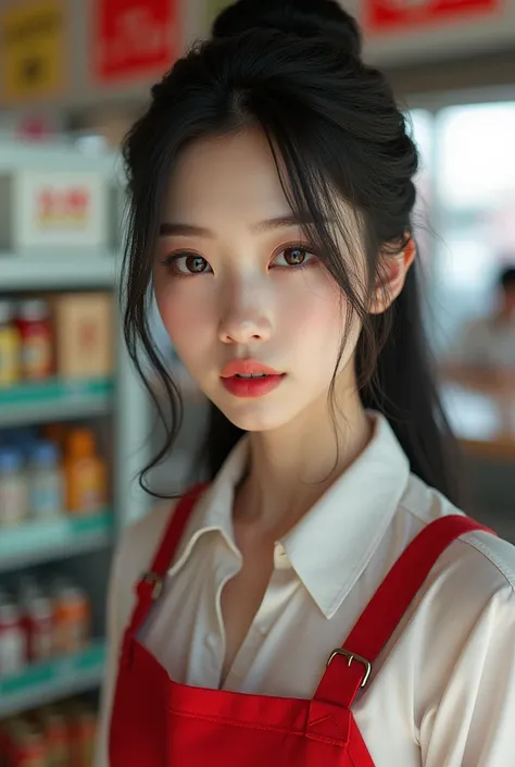 Pretty Asian girl with long hair and fine clothes wearing convenience store clothes 