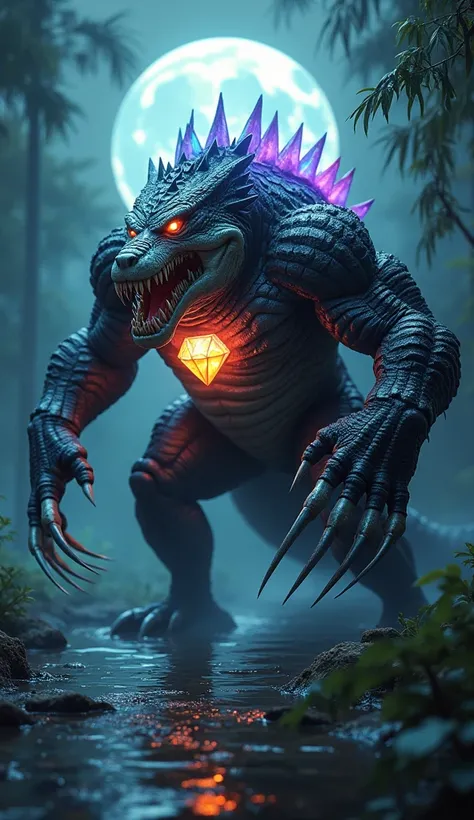 "Design a hybrid creature that combines the features of Wolverine, a saltwater crocodile, and a colorful diamond. The creature should have Wolverine’s adamantium claws and rugged demeanor, fused with the scaly, powerful body and sharp teeth of the crocodil...