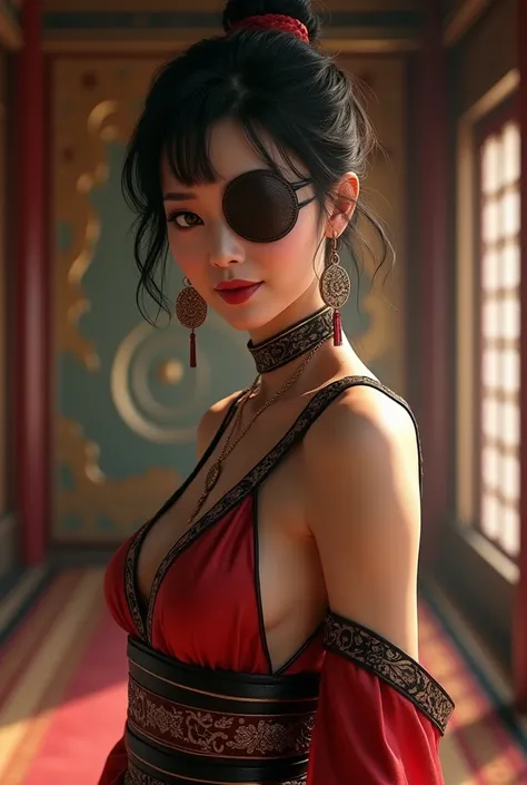 A sexy killer asian girl, with a leather eyepatch, with large breast，with round earrings, with smile，with short hair, with ancient costume, palace