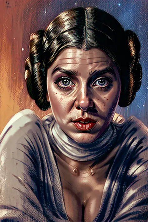  Leia Organa as a teenager   , little, very young, tiny body,    short stature, ,       ,  big and perfect  , , horror art,    wonderful art    ,   cleavage, , Scared , futuristic miniskirt ,   In a spaceship,  holding a laser gun , por la noche,  por la n...