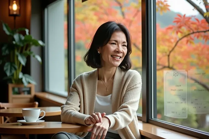  A beautiful oriental woman in her 50s like in real life .  A short midi length cardigan on a luxury sweater . short medium length hair.  sunny autumn weather. autumn leaves background  .  holding a paper cup of coffee on a park bench, perfect details, Loo...