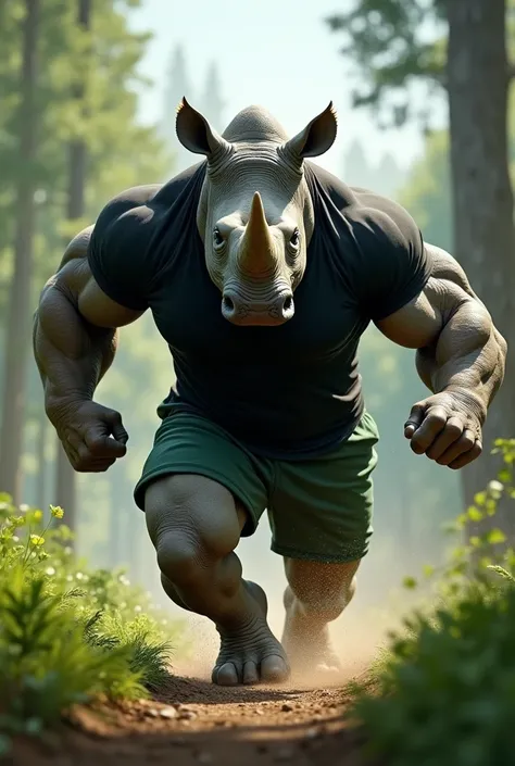 A muscular rino wearing black t-shirt and green short background is forest and clear full body in running motion